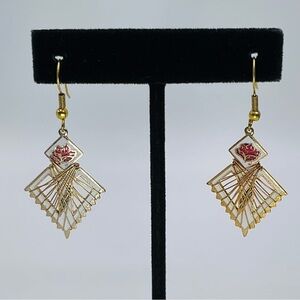 Earrings Cloisonne Floral Wire Wrap White Multicolor 80s VTG Jewelry Hook Retro